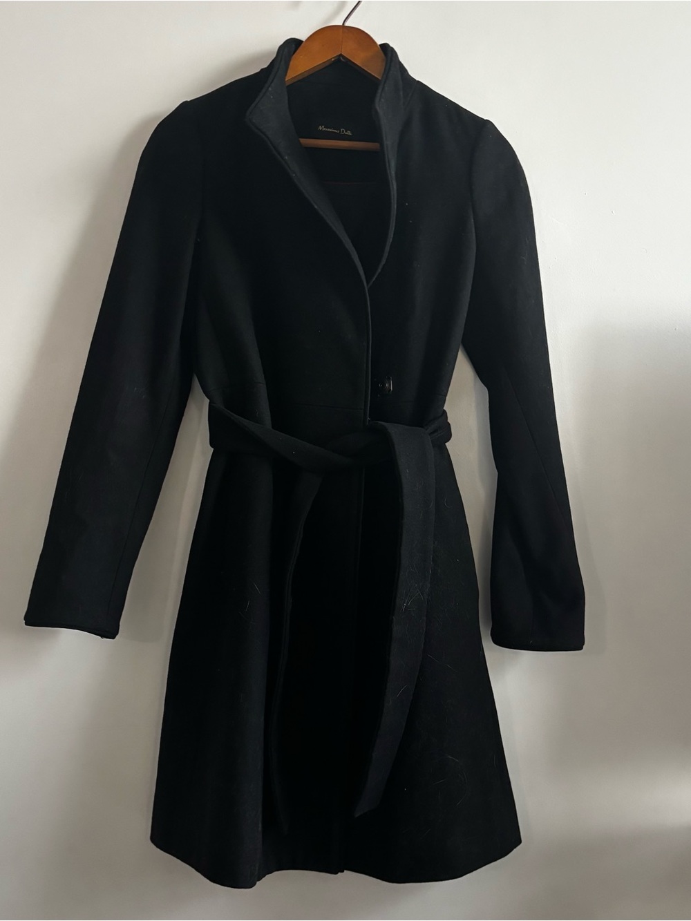 Black Belted Wool-Blend A-Line Coat Massimo Dutti